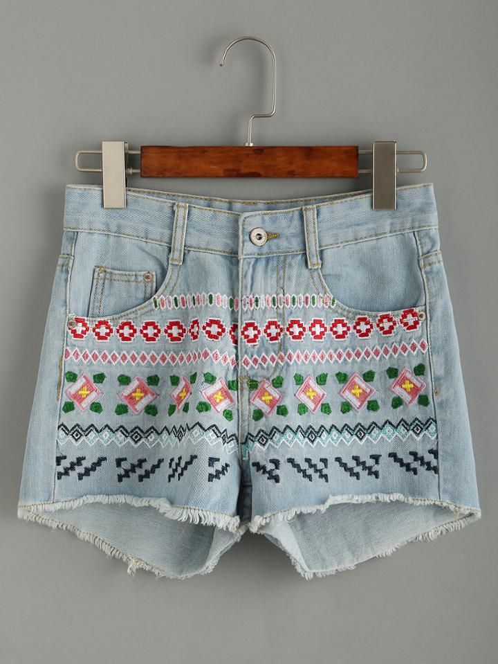 Shein Blue Raw Hem Embroidered Denim Shorts