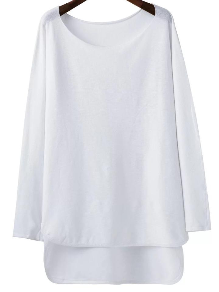 Shein White Scoop Neck Dip Hem Knitwear