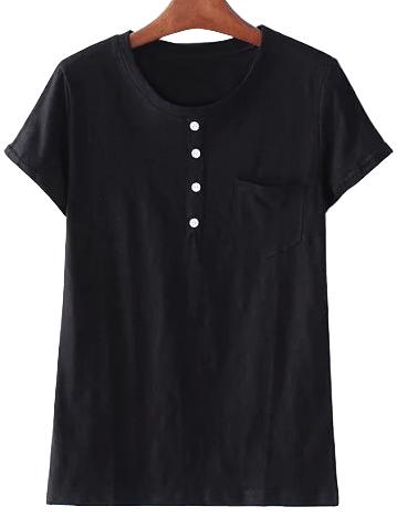 Shein Black Buttons Pocket Casual T-shirt