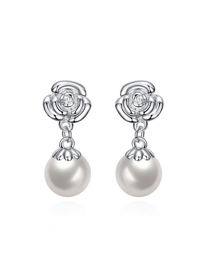 Shein Faux Pearl Earrings With Metal Rose