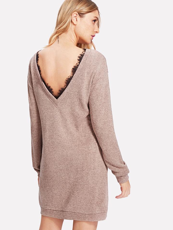 Shein Contrast Eyelash Lace Open Back Knit Dress