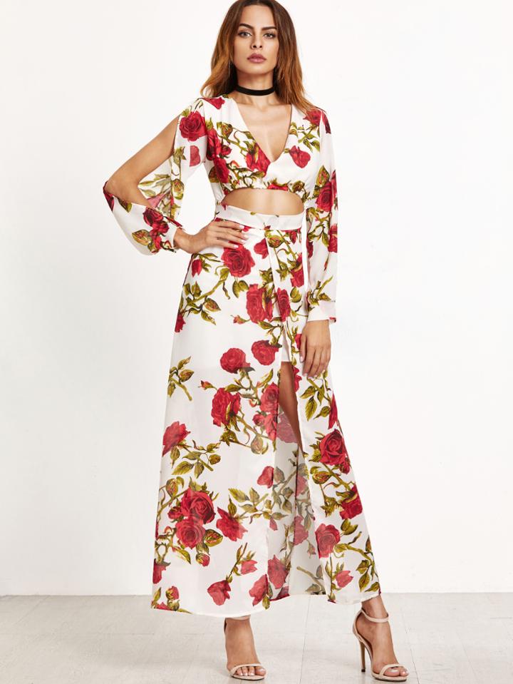 Shein Florals Deep V Neck Cut Out Split Front Dress