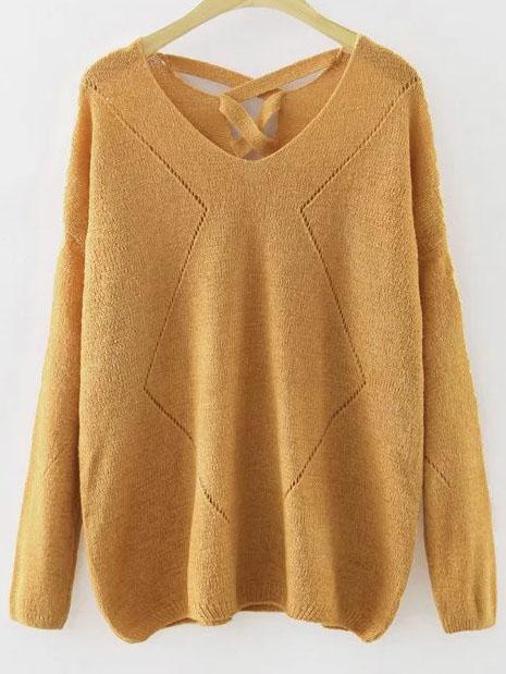 Shein Yellow V Neck Criss Cross Back Knitwear