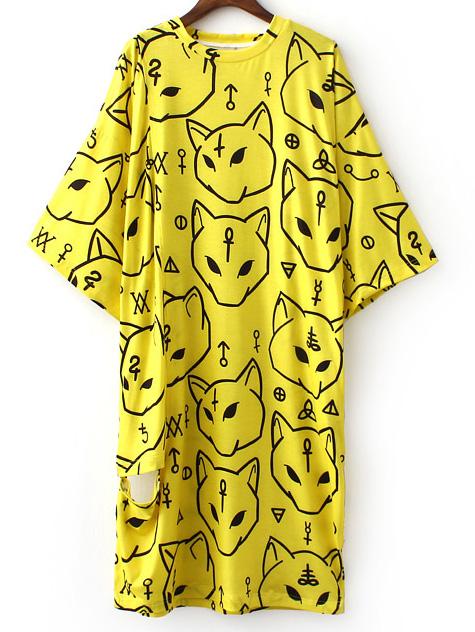 Shein Yellow Knee Length Pockets Animal Print Dress