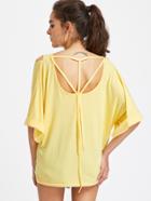 Shein Open Shoulder Strappy Back Batwing Sleeve Stepped Hem Tee