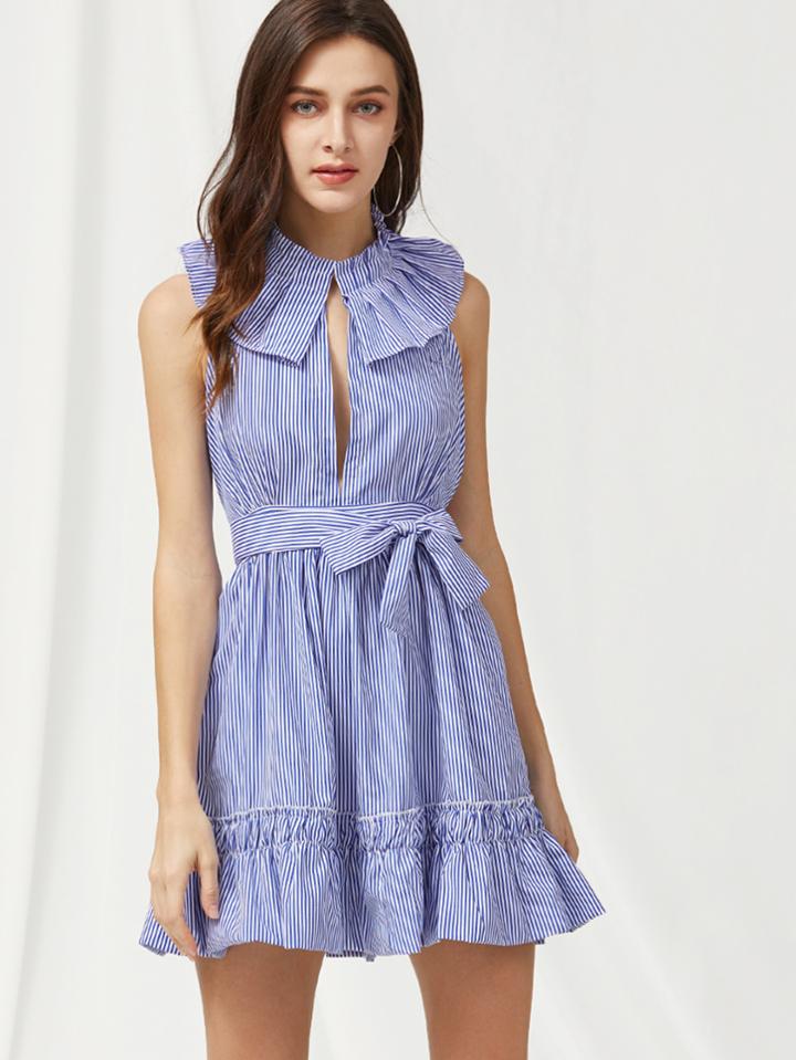 Shein Pinstripe Frill Trim Open Back Self Tie Dress