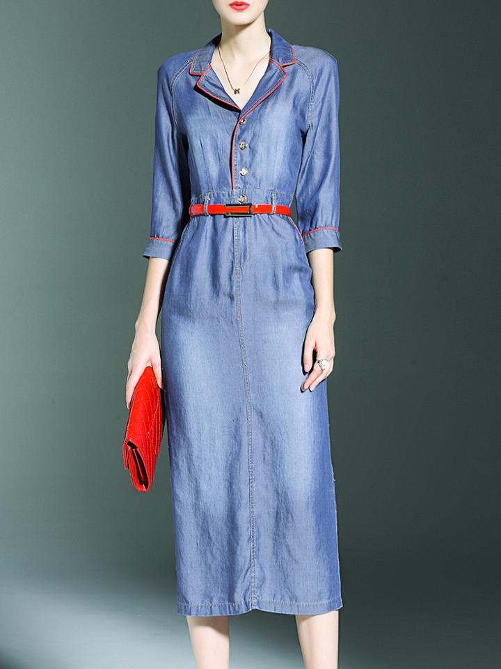 Shein Blue V Neck Belted Denim Dress