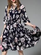 Shein Navy Tie Neck Bell Sleeve Print Dress
