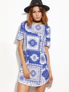 Shein Blue And White Vintage Patchwork Print Dress