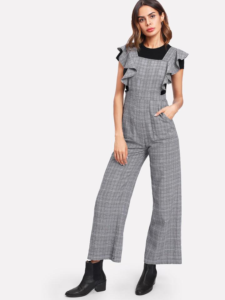 Shein Flounce Embellished Shoulder Plaid Jumpsuit