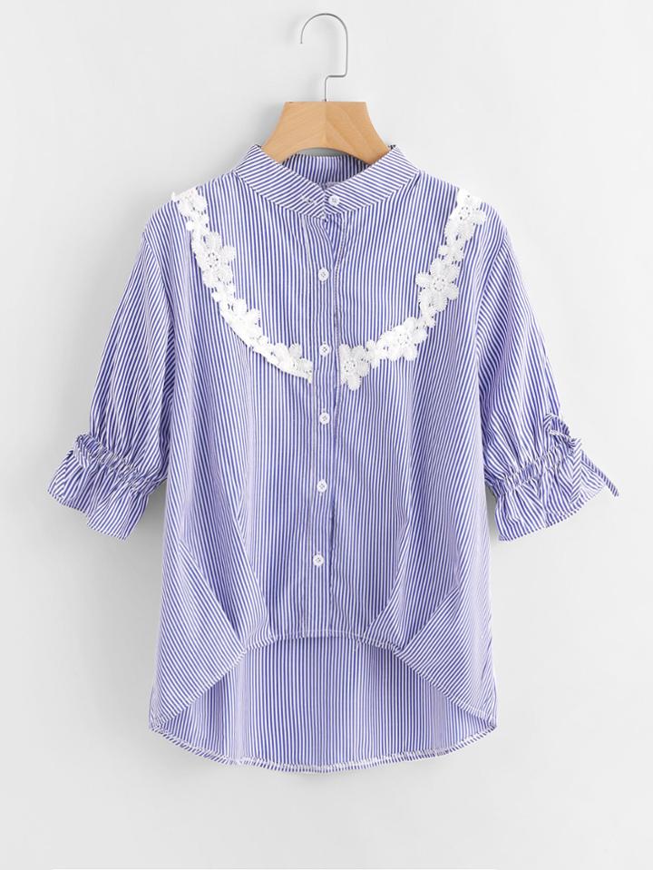 Shein Contrast Crochet Appliques Vertical Striped Dip Hem Blouse