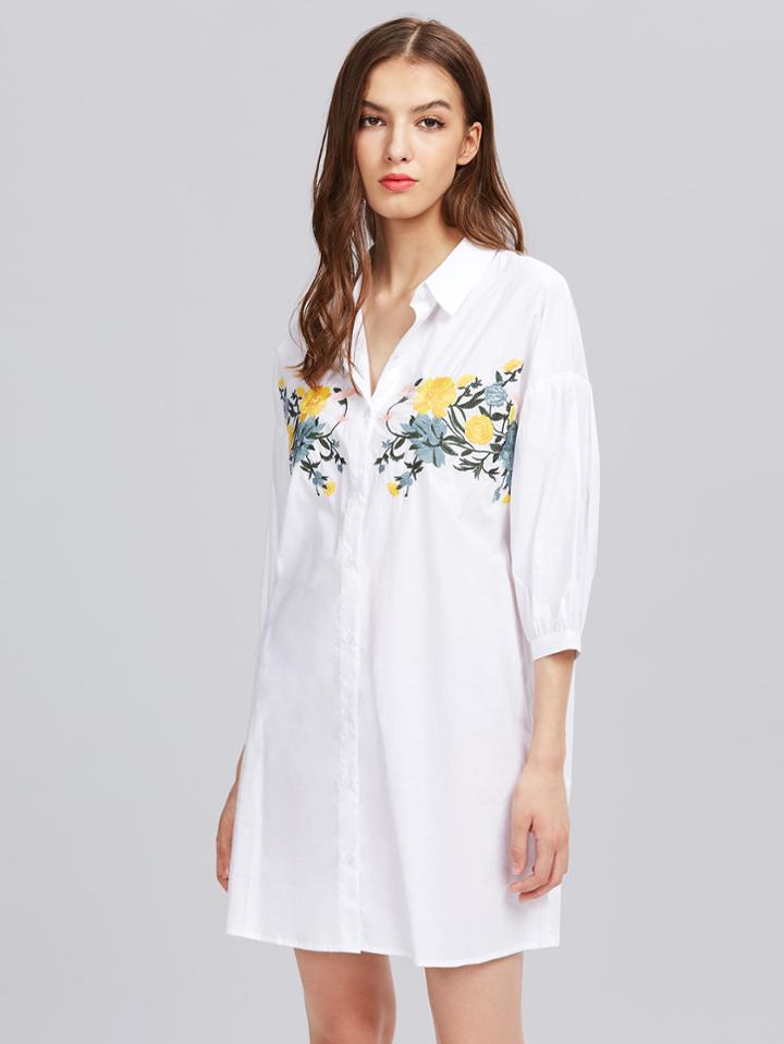 Shein Flower Embroidered Lantern Sleeve Shirt Dress