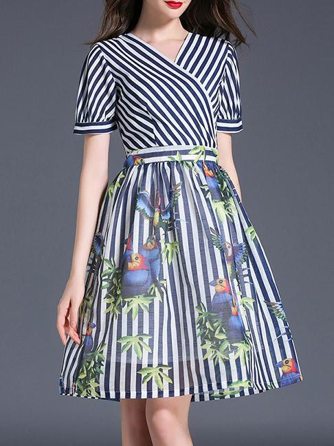 Shein V Neck Striped Birds Print Dress