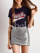 Shein Navy Crew Neck Appliqued Sequined T-shirt