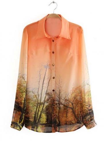 Rosewe Pretty Button Closed Turndown Collar Printed Chiffon Shirts