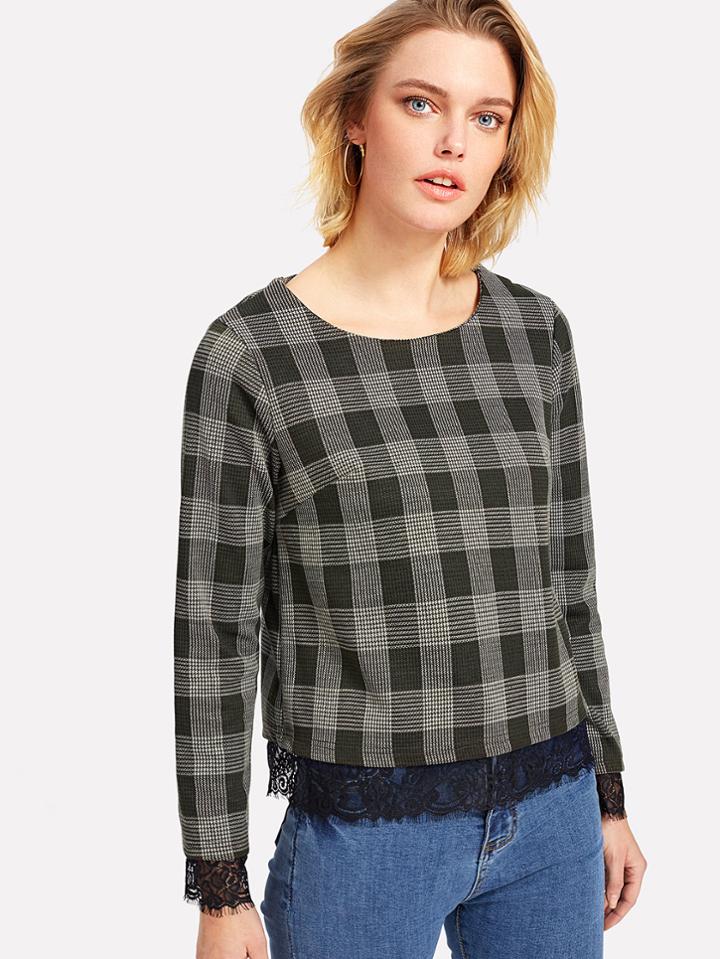 Shein Lace Trim Plaid Top
