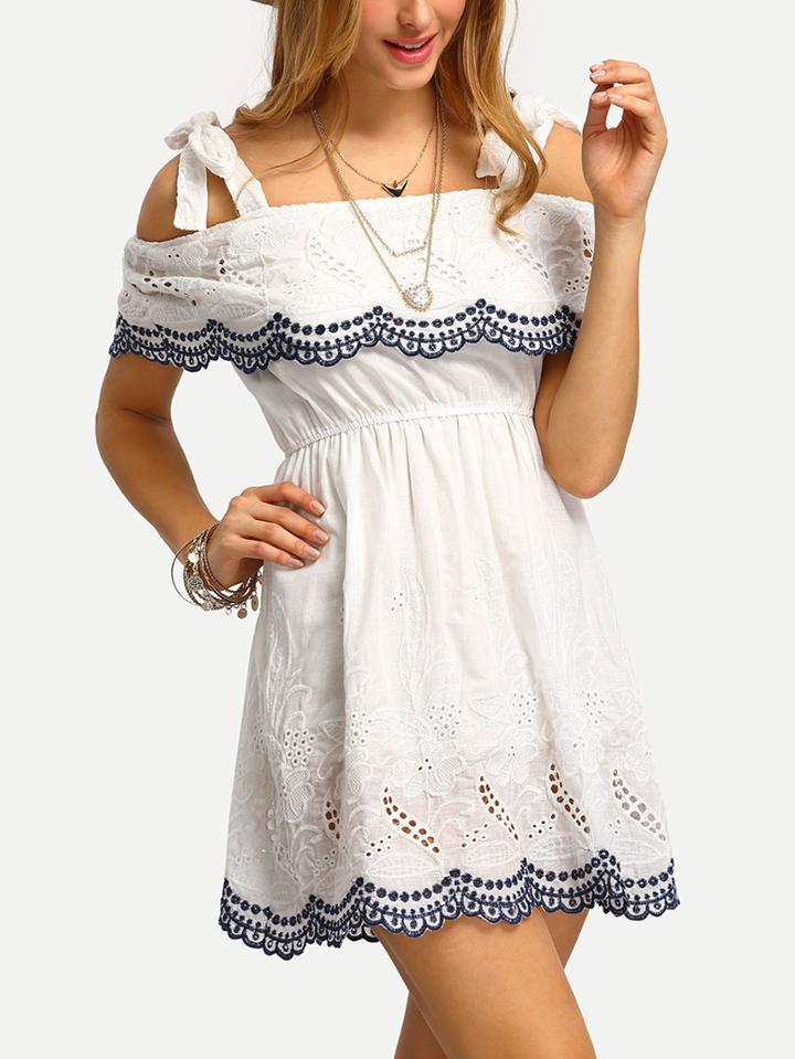 Shein Cold Shoulder Embroidered Hollow Out Dress