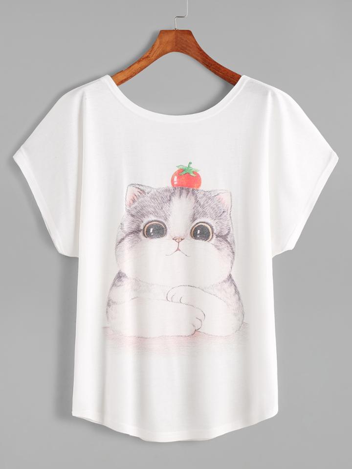 Shein Beige Cat Print Dolman Sleeve T-shirt
