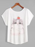 Shein Beige Cat Print Dolman Sleeve T-shirt