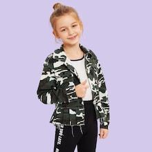 Shein Girls Pleated Hem Flap Pocket Camo Jacket