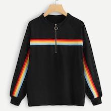 Shein Plus Quarter Zip Rainbow Striped Sweatshirt