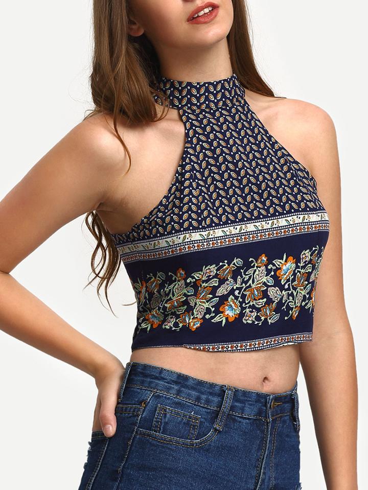 Shein Navy Florals Tank Top With Zipper