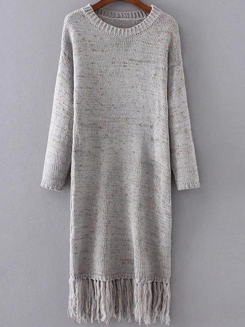 Shein Grey Drop Shoulder Fringe Hem Knit Dress