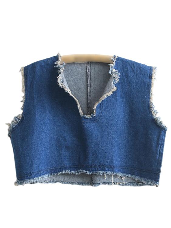 Shein Blue V Neck Fringe Denim Tank Top