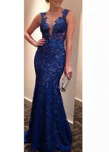 Rosewe Open Back V Neck Blue Maxi Dress