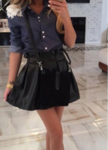 Rosewe Lace Panel Turndown Collar Navy Blue Shirt