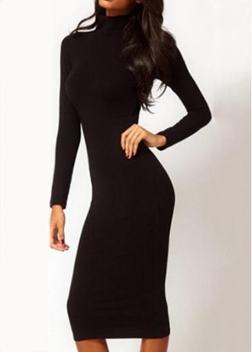 Rosewe Laconic Solid Black Long Sleeve Knee Length Dress