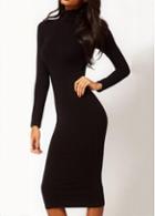 Rosewe Laconic Solid Black Long Sleeve Knee Length Dress