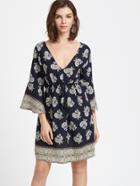 Shein V Neckline Paisley Drawstring Waist Bell Sleeve Dress