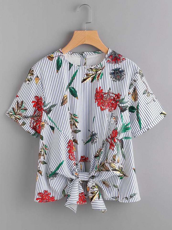 Shein Random Jungle Print Knotted Hem Blouse