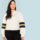 Shein Plus Zip Placket Striped Sleeve Hoodie