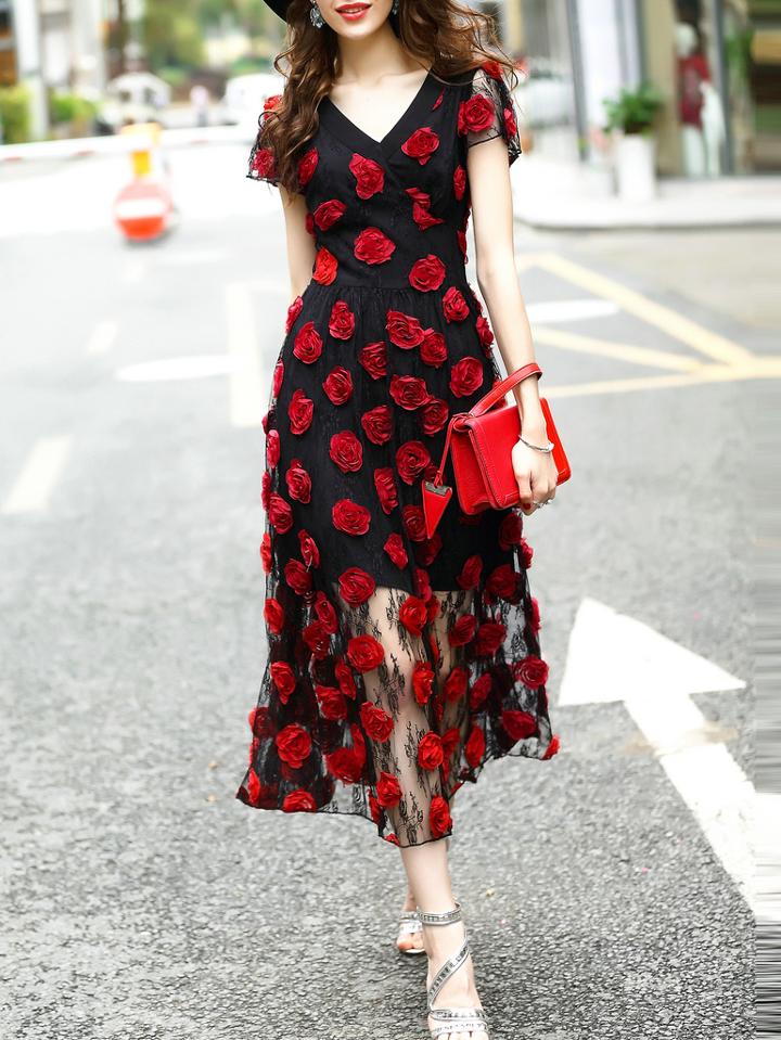 Shein Black V Neck Rose Applique Sheer Dress
