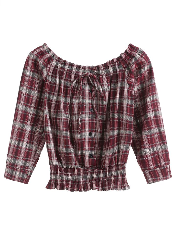 Shein Burgundy Plaid Boat Neck Buttons Shirred Top