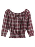 Shein Burgundy Plaid Boat Neck Buttons Shirred Top