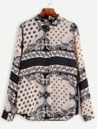 Shein Tribal Print Band Collar Curved Hem Blouse