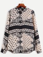 Shein Tribal Print Band Collar Curved Hem Blouse