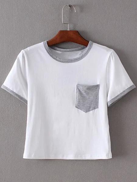 Shein Grey Trim & Pocket White Crop T-shirt