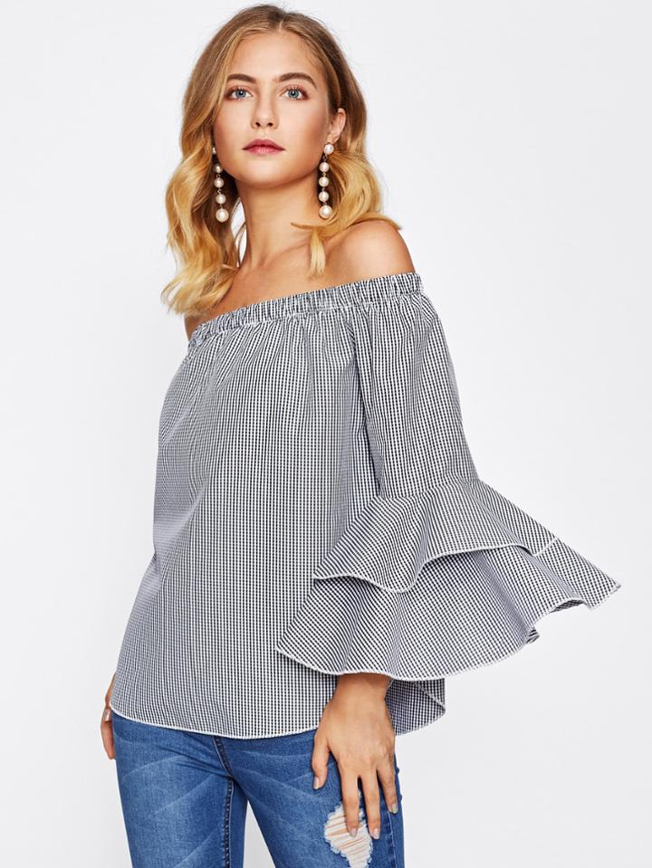 Shein Bardot Tiered Flute Sleeve Curved Hem Gingham Top