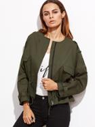 Shein Olive Green Collarless Zip Up Drawstring Jacket