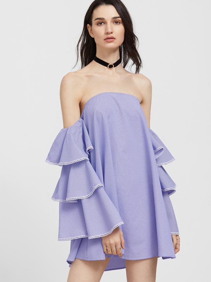 Shein Blue Contrast Lace Trim Layered Ruffle Sleeve Off The Shoulder Dress