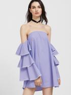 Shein Blue Contrast Lace Trim Layered Ruffle Sleeve Off The Shoulder Dress