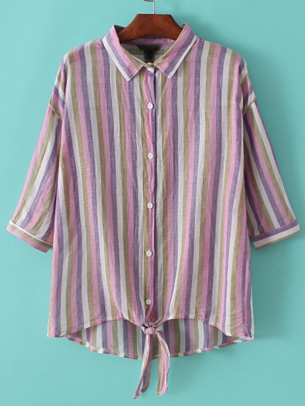 Shein Multicolor Lapel High Low Bow Buttons Blouse