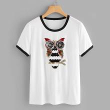 Shein Sequin Embellished Owl Ringer Tee