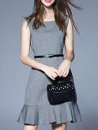 Shein Grey Boat Neck Houndstooth Belted Frill Dress