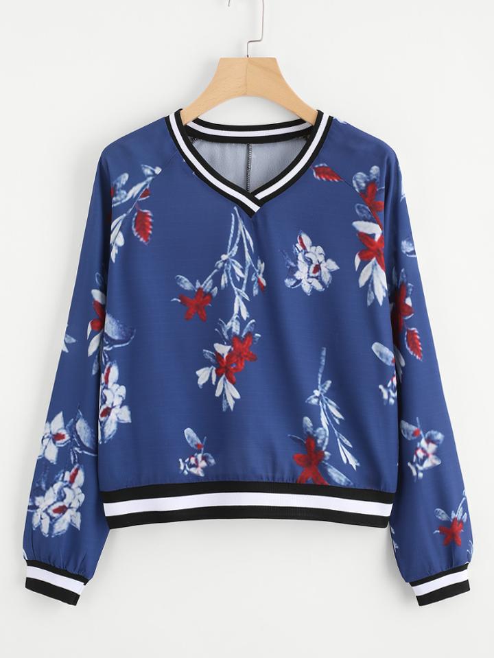 Shein Contrast Stripe Trim Botanical Print Pullover