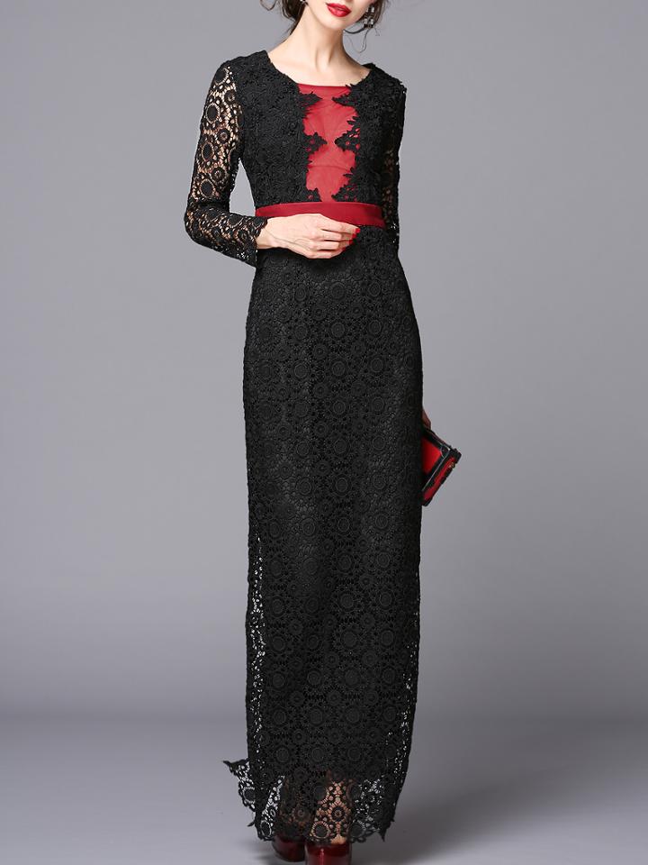 Shein Black Round Neck Long Sleeve Crochet Dress